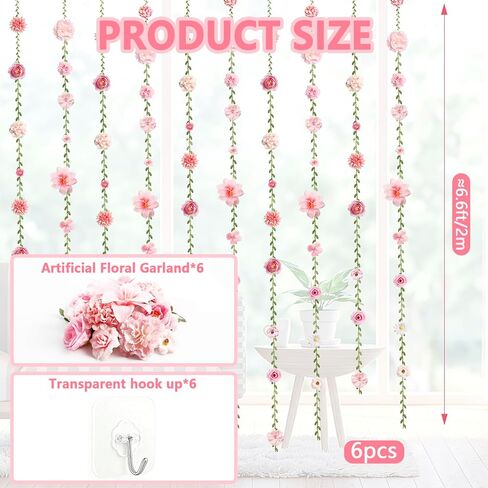 6 PCS Artificial Rose Flowers Hanging Decorations, Flower Hanging Garland Banner for Wedding Party Background Birthday Anniversary Arch Decor (Green Leaves) in Kuwait