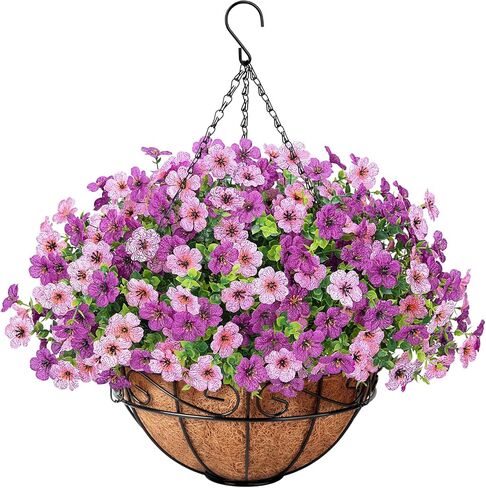 Artificial Fake Hanging Flowers Plants Basket Outdoors, Faux Silk UV Resistant Look Real Daisy Eucalyptus for Spring Summer Garden Porch Home Patio Balcony Yard Decorations, Multicolor in Kuwait