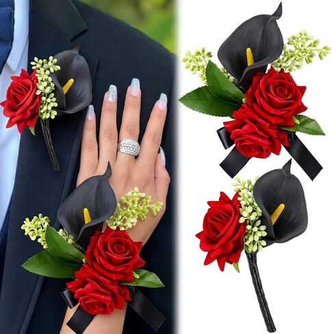 2 Pcs Red Rose Wrist Corsage and Boutonniere Set for Prom Decor with Black Calla Lily Burgundy Rose Wristlet Band Bracelet and Boutonniere for Graduation Prom Wedding Flower Accessories Decor in Saudi Arabia