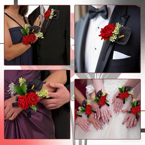 2 Pcs Red Rose Wrist Corsage and Boutonniere Set for Prom Decor with Black Calla Lily Burgundy Rose Wristlet Band Bracelet and Boutonniere for Graduation Prom Wedding Flower Accessories Decor in Saudi Arabia