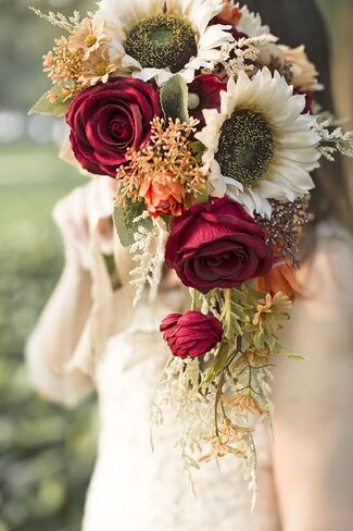 Ansofi 9 بوصة خمر عباد الشمس باقات زفاف للعروس الاصطناعي بورجوندي روز المتتالية باقة الزفاف المحروقة البرتقال ريفي إرم باقة لحفل الزفاف حزب ديكور الكنيسة in Kuwait