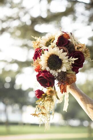 Ansofi 9 بوصة خمر عباد الشمس باقات زفاف للعروس الاصطناعي بورجوندي روز المتتالية باقة الزفاف المحروقة البرتقال ريفي إرم باقة لحفل الزفاف حزب ديكور الكنيسة in Kuwait