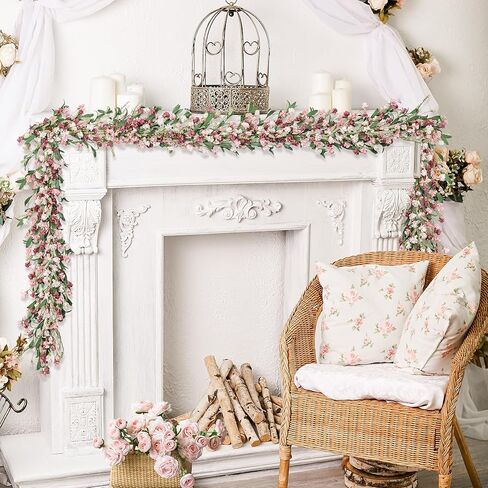 6ft Spring Flower Garland for Mantle Decor: Artificial Floral Vine with Greenery for Wedding Arch, Fireplace, Table & Wall, All Season Home Decor for Summer, Easter, Mother's Day (Pink) in Kuwait