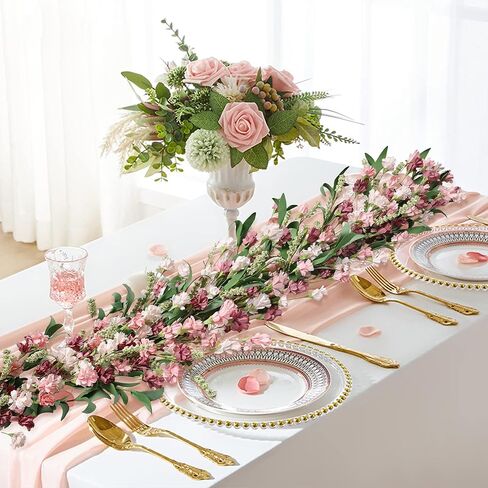 6ft Spring Flower Garland for Mantle Decor: Artificial Floral Vine with Greenery for Wedding Arch, Fireplace, Table & Wall, All Season Home Decor for Summer, Easter, Mother's Day (Pink) in Kuwait