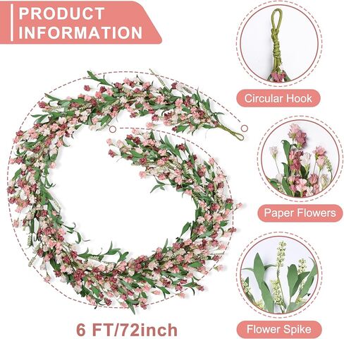 6ft Spring Flower Garland for Mantle Decor: Artificial Floral Vine with Greenery for Wedding Arch, Fireplace, Table & Wall, All Season Home Decor for Summer, Easter, Mother's Day (Pink) in Kuwait