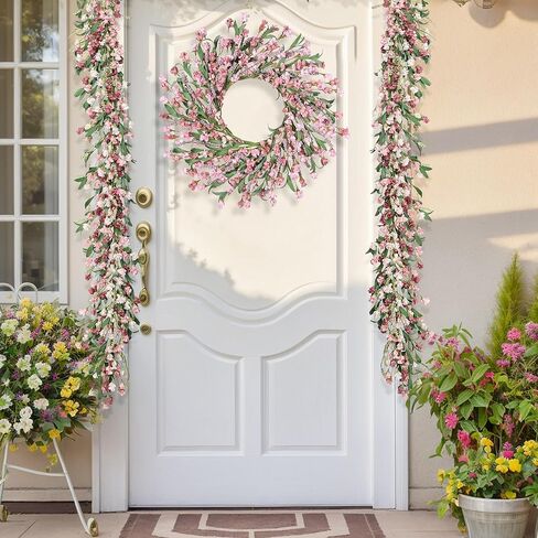 6ft Spring Flower Garland for Mantle Decor: Artificial Floral Vine with Greenery for Wedding Arch, Fireplace, Table & Wall, All Season Home Decor for Summer, Easter, Mother's Day (Pink) in Kuwait