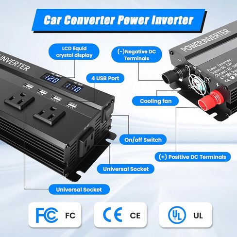 عاكس طاقة الذروة 1200 واط، عاكس 12 فولت إلى 110 فولت مع شحن سريع 2.4 أمبير USB و3 منافذ تيار متردد مثالية، محول طاقة السيارة لرحلات الطريق والتخييم والمركبات الترفيهية والشاحنات واحتياجات طاقة التخييم in Saudi Arabia