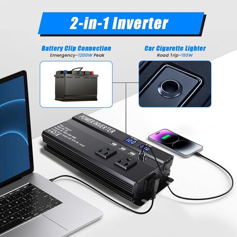 عاكس طاقة الذروة 1200 واط، عاكس 12 فولت إلى 110 فولت مع شحن سريع 2.4 أمبير USB و3 منافذ تيار متردد مثالية، محول طاقة السيارة لرحلات الطريق والتخييم والمركبات الترفيهية والشاحنات واحتياجات طاقة التخييم in Saudi Arabia