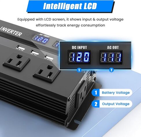 عاكس طاقة الذروة 1200 واط، عاكس 12 فولت إلى 110 فولت مع شحن سريع 2.4 أمبير USB و3 منافذ تيار متردد مثالية، محول طاقة السيارة لرحلات الطريق والتخييم والمركبات الترفيهية والشاحنات واحتياجات طاقة التخييم in Saudi Arabia