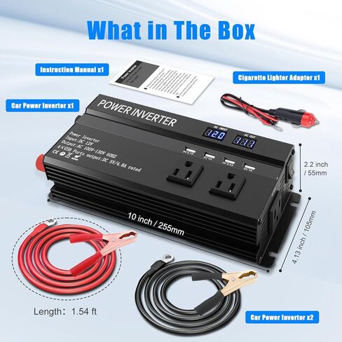 عاكس طاقة الذروة 1200 واط، عاكس 12 فولت إلى 110 فولت مع شحن سريع 2.4 أمبير USB و3 منافذ تيار متردد مثالية، محول طاقة السيارة لرحلات الطريق والتخييم والمركبات الترفيهية والشاحنات واحتياجات طاقة التخييم in Saudi Arabia