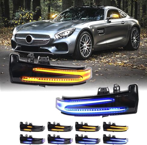 Sequential Side Mirror Turn Signal Lights for Mercedes Benz A/B/C/E/S/CLA/GLA/GLK/CLS Class W204 W176 W212 W246 W221 C250 C300 2006-2017 Dynamic Blue Amber Indicator with Smoked Lens Assembly in Kuwait