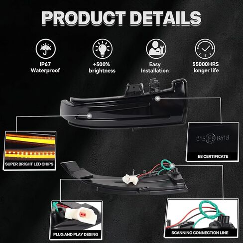 Sequential Side Mirror Turn Signal Lights for Mercedes Benz A/B/C/E/S/CLA/GLA/GLK/CLS Class W204 W176 W212 W246 W221 C250 C300 2006-2017 Dynamic Blue Amber Indicator with Smoked Lens Assembly in Kuwait