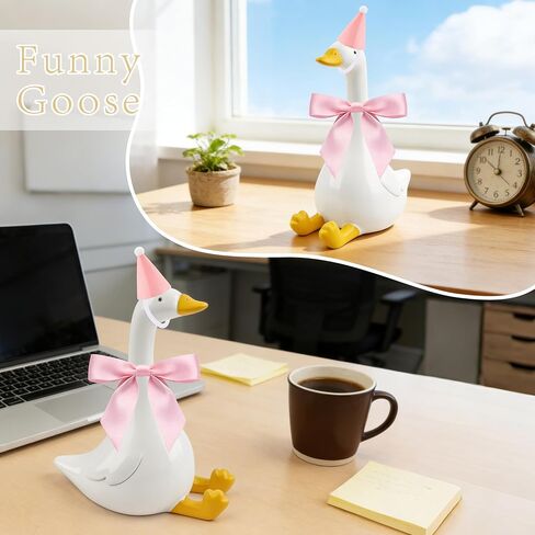 THAWAY مكتب أوزة - مع ملابس مكتب أوزة 7 بوصات - قبعة مخروطية صغيرة مع قوس وردي، ديكور مكتب للنساء ديكور أوزة سخيفة ديكور المنزل هدايا تدفئة مكتب in Kuwait