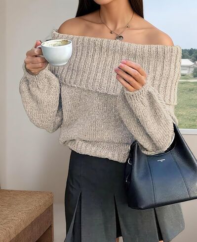 Womens Off The Shoulder Neck Loose Knitted Sweater Chunky Solid Color Cozy Fall Trendy Pullover in Saudi Arabia