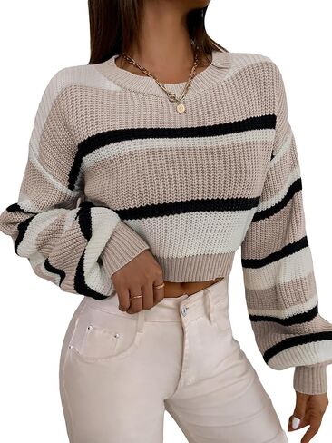 SHENHE Women's Color Block Cropped Sweater Pullover Crewneck Knitted Fall Sweater Jumper in Saudi Arabia