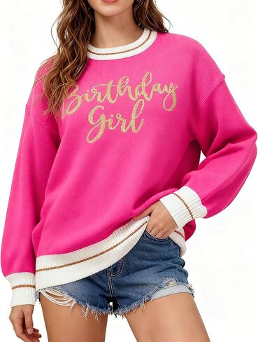 EGELEXY Womens Sweaters Birthday Letter Print Sweater Cozy Birthday Knitted Sweatshirts Long Sleeves Pullover in Kuwait