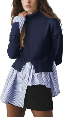 Wyeysyt Turtleneck Sweater Women Asymmetrical Tops 2 in 1 Slit Patchwork Pullover Buttons Down Striped Shirt Top in Kuwait