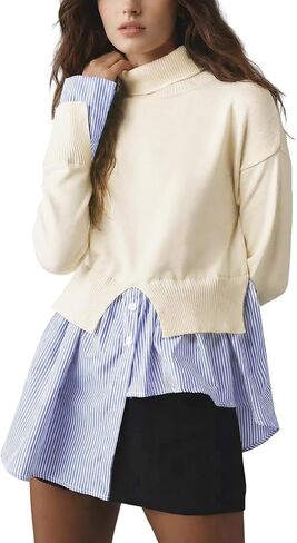 Wyeysyt Turtleneck Sweater Women Asymmetrical Tops 2 in 1 Slit Patchwork Pullover Buttons Down Striped Shirt Top in Saudi Arabia