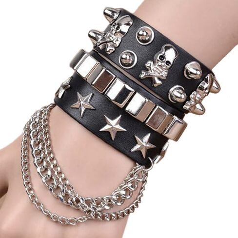 Black Leather Cuff Wristband Goth Gothic Metal Rivet Punk Skeleton Star Bracelets for Women Men Armbands Cosplay in Saudi Arabia