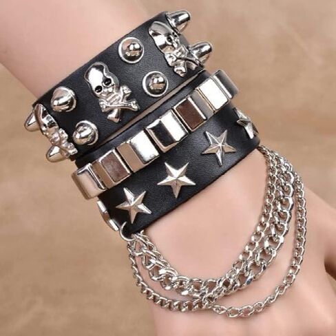 Black Leather Cuff Wristband Goth Gothic Metal Rivet Punk Skeleton Star Bracelets for Women Men Armbands Cosplay in Saudi Arabia