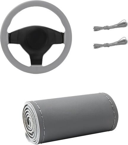 Genuine Leather Steering Wheel Cover, 15 Inch Stitch on Steering Wheel Protector with Needle & Thread, Anti-Slip DIY Sewing Wheels Wrap for Most Vehicles (Black, Glossy) in Kuwait