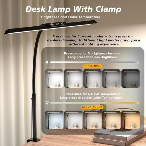 مصباح مكتب LED للمنزل المكتبي، ضوء مكتب معماري معتم بدون خطوات مع محول تيار مستمر، مصباح مكتب للعناية بالعين مع مشبك، 25 وضع إضاءة قابل للتعديل 12.8 بوصة معقوفة مرنة لمنضدة العمل، الصياغة in Kuwait