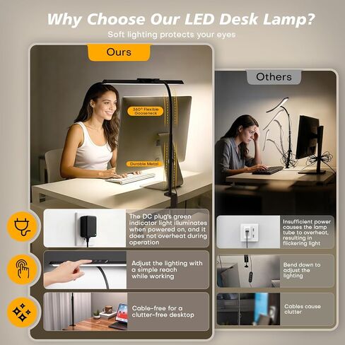مصباح مكتب LED للمنزل المكتبي، ضوء مكتب معماري معتم بدون خطوات مع محول تيار مستمر، مصباح مكتب للعناية بالعين مع مشبك، 25 وضع إضاءة قابل للتعديل 12.8 بوصة معقوفة مرنة لمنضدة العمل، الصياغة in Kuwait