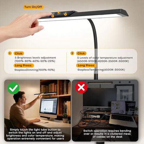 مصباح مكتب LED للمنزل المكتبي، ضوء مكتب معماري معتم بدون خطوات مع محول تيار مستمر، مصباح مكتب للعناية بالعين مع مشبك، 25 وضع إضاءة قابل للتعديل 12.8 بوصة معقوفة مرنة لمنضدة العمل، الصياغة in Kuwait
