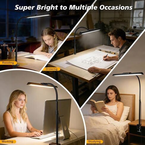 مصباح مكتب LED للمنزل المكتبي، ضوء مكتب معماري معتم بدون خطوات مع محول تيار مستمر، مصباح مكتب للعناية بالعين مع مشبك، 25 وضع إضاءة قابل للتعديل 12.8 بوصة معقوفة مرنة لمنضدة العمل، الصياغة in Kuwait