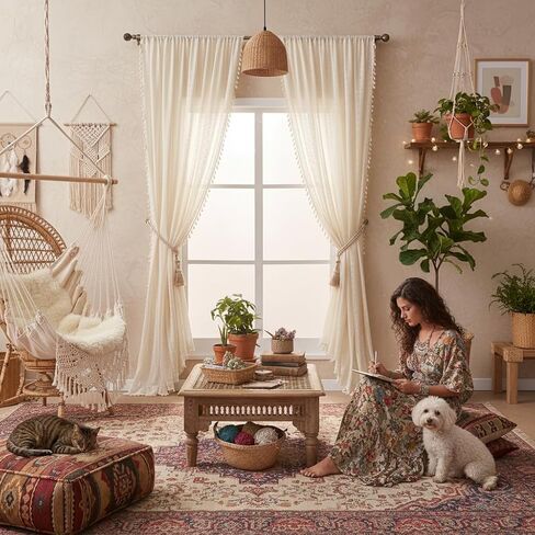 Beige Sheer Living Room Curtains, 72 Inch Long, 2 Panel, Rod Pocket, Vintage,French Country, Privacy, Boho Cotton Crochet,Tassel, Cream in Kuwait