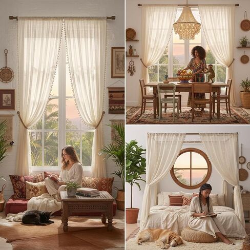 Beige Sheer Living Room Curtains, 72 Inch Long, 2 Panel, Rod Pocket, Vintage,French Country, Privacy, Boho Cotton Crochet,Tassel, Cream in Kuwait