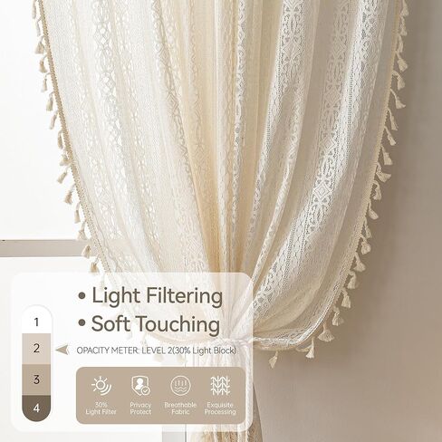 Beige Sheer Living Room Curtains, 72 Inch Long, 2 Panel, Rod Pocket, Vintage,French Country, Privacy, Boho Cotton Crochet,Tassel, Cream in Kuwait