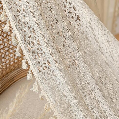 Beige Sheer Living Room Curtains, 72 Inch Long, 2 Panel, Rod Pocket, Vintage,French Country, Privacy, Boho Cotton Crochet,Tassel, Cream in Kuwait