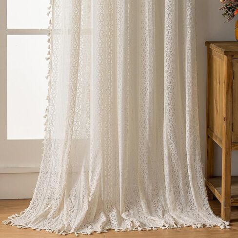 Beige Sheer Living Room Curtains, 72 Inch Long, 2 Panel, Rod Pocket, Vintage,French Country, Privacy, Boho Cotton Crochet,Tassel, Cream in Kuwait