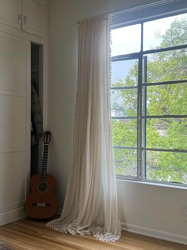 Beige Sheer Living Room Curtains, 72 Inch Long, 2 Panel, Rod Pocket, Vintage,French Country, Privacy, Boho Cotton Crochet,Tassel, Cream in Kuwait