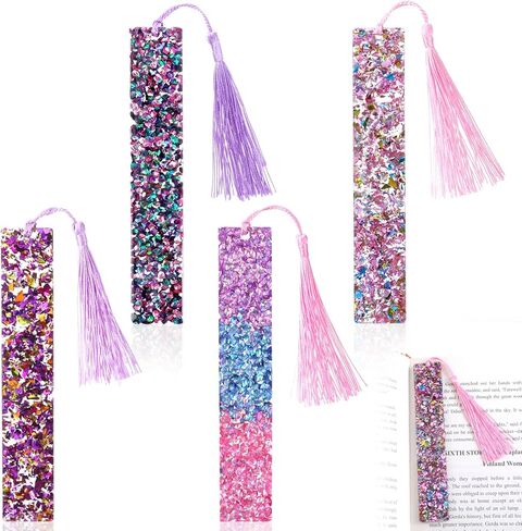 4 Pcs Glitter Bookmarks with Tassels, Pink Transparent Bling Acrylic Bookmarks with Colorful Tassels Resin Book Marks for Women Book Lover Reading Presents in Kuwait
