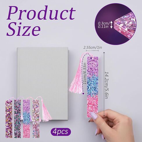4 Pcs Glitter Bookmarks with Tassels, Pink Transparent Bling Acrylic Bookmarks with Colorful Tassels Resin Book Marks for Women Book Lover Reading Presents in Kuwait