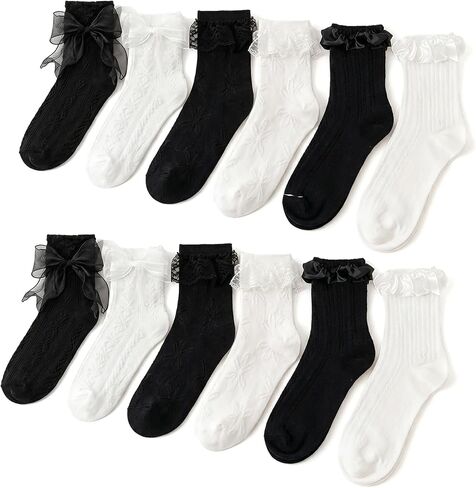 12 Pcs Women Lace Ruffled Ankle Socks Butterfly Trim Breathable Thin Casual Socks Princess Lolita Style in Saudi Arabia