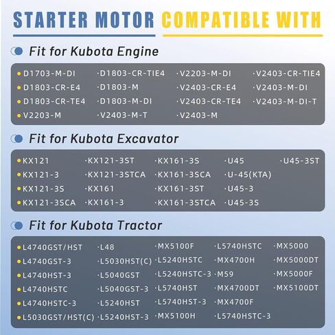 17123-63016 Starter Motor 12V 9T 2KW, Fit for Kubota Tractor Diesel Engine D1703 D1803 V2203 V2403 L4740 L5030 KX121-3 - Replace 17123-63013 18004N 15425-63010 in Kuwait