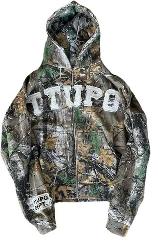 Women's Letter Camo Graphic Zip Up Hoodie Long Sleeve Baggy Sweatshirt with Pockets Streetwear in Saudi Arabia