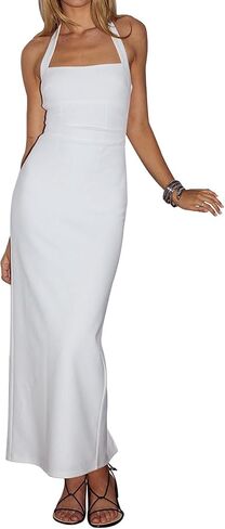 Nadia FRAC Women's Halter Backless Square Neck Back Slit Maxi Dress Elegant Tube Side Pleats Long Dresses in Kuwait