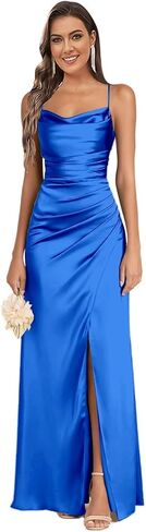 Women's Mermaid Cowl Neck Bridesmaid Dresses for Wedding Empire Waist Pleated Formal Gowns Long with Slit in Kuwait