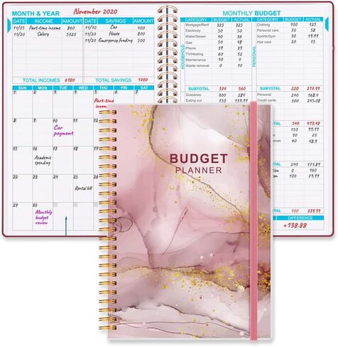 مخطط الميزانية - كتاب الميزانية الشهرية مع دفتر تعقب النفقات، منظم فاتورة غير مؤرخ لمدة 12 شهرًا ومخطط مالي لإدارة أموالك، دفتر حساب مع علامات تبويب ملونة، 5.8 بوصة × 8.5 بوصة، ألوان مائية وردية in Kuwait