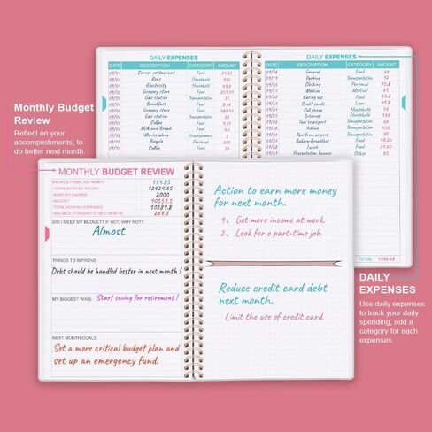 مخطط الميزانية - كتاب الميزانية الشهرية مع دفتر تعقب النفقات، منظم فاتورة غير مؤرخ لمدة 12 شهرًا ومخطط مالي لإدارة أموالك، دفتر حساب مع علامات تبويب ملونة، 5.8 بوصة × 8.5 بوصة، ألوان مائية وردية in Kuwait