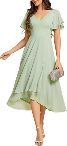 Ever-Pretty Women's Elegant Chiffon V Neck Flowy Spring Wedding Guest Dresses Midi Semi Formal Cocktail Dress 01756 in Saudi Arabia