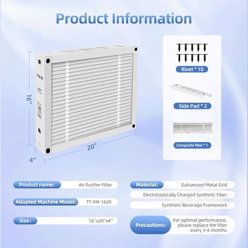 فلتر هواء بديل 16x20x4 متوافق مع TopTech TT-FM-1620QB، من أجل TechPure TT-MAC-1722 قابل للطي (عبوة واحدة) in Kuwait