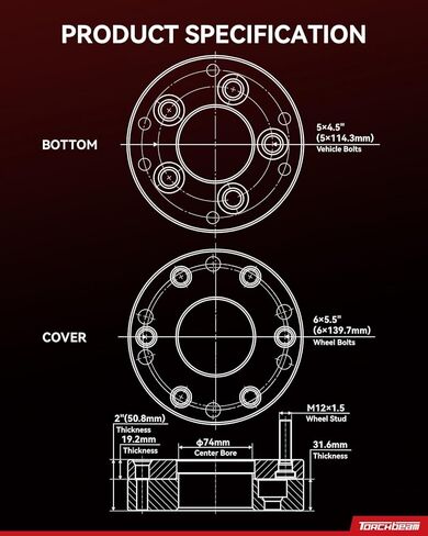 Torchbeam 5x4.5 to 6x5.5 Wheel Adapters 2 inch, M12x1.5 Thread Pitch, 74mm Hub Bore - for CR-V, Civic, Accord, Tucson, H-R-V, MDX, Odysey, Fit, RDX, TLX, TL, Element, TSX, Change Bolt Partern, 4pcs in Kuwait