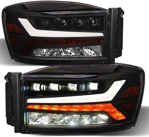 7422438358363 Compatible With 2006-2008 Dodge Ram 1500/2006-2009 2500 3500 Black Housing Full LED Sequential Quad Projector Headlights With Amber Reflector in Kuwait