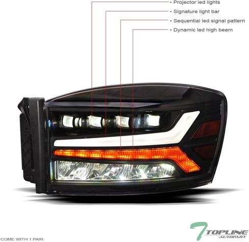 7422438358363 Compatible With 2006-2008 Dodge Ram 1500/2006-2009 2500 3500 Black Housing Full LED Sequential Quad Projector Headlights With Amber Reflector in Kuwait