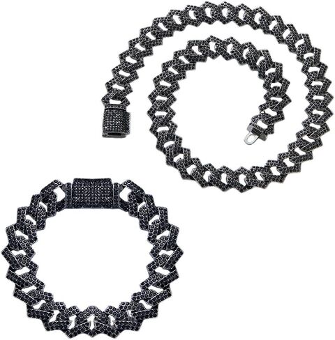 2 PCS Black Cuban Link Chain Iced Out Cuban Diamond Chain Necklace Bracelet Hip Hop Jewelry for Men Women in Kuwait
